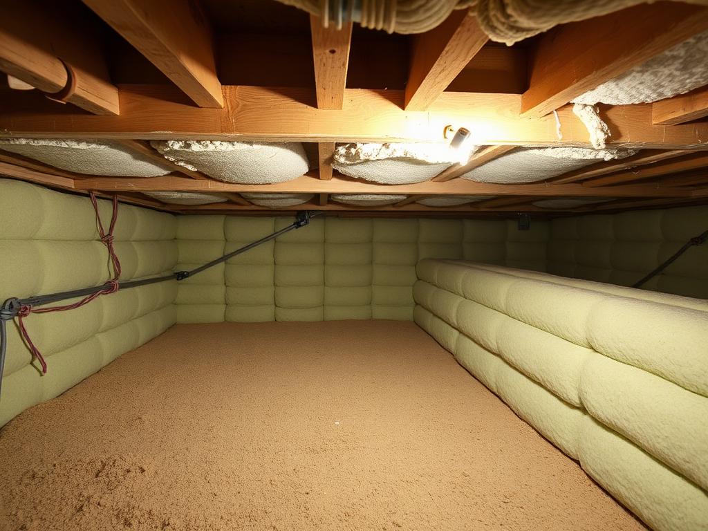 After — Bare joists insulated with mineral wool batts, rim joists air-sealed