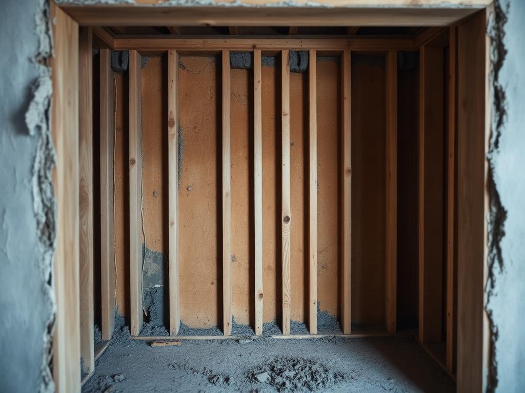 Before — Open stud bays in a 1940s bungalow dense-packed to 3.5 lb/ft³