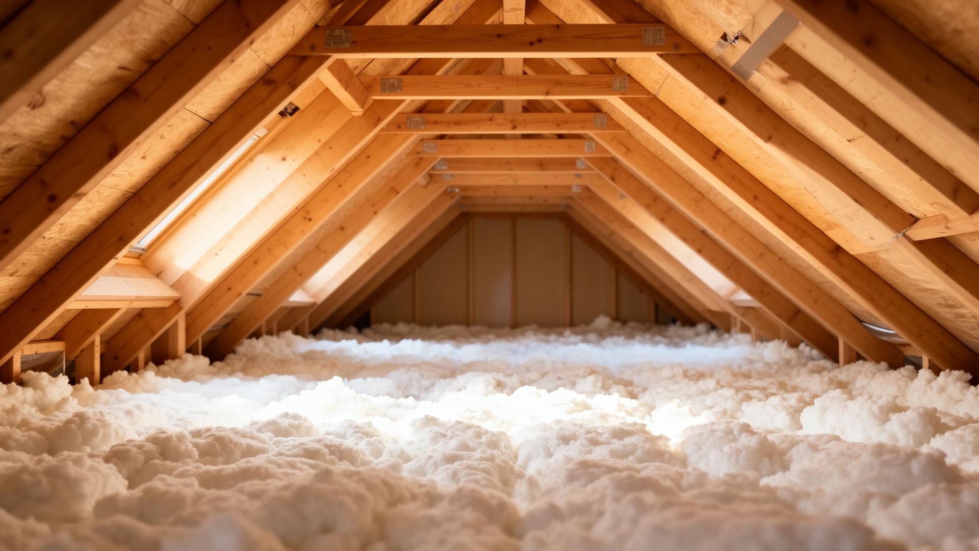 Freshly installed attic insulation between wood rafters